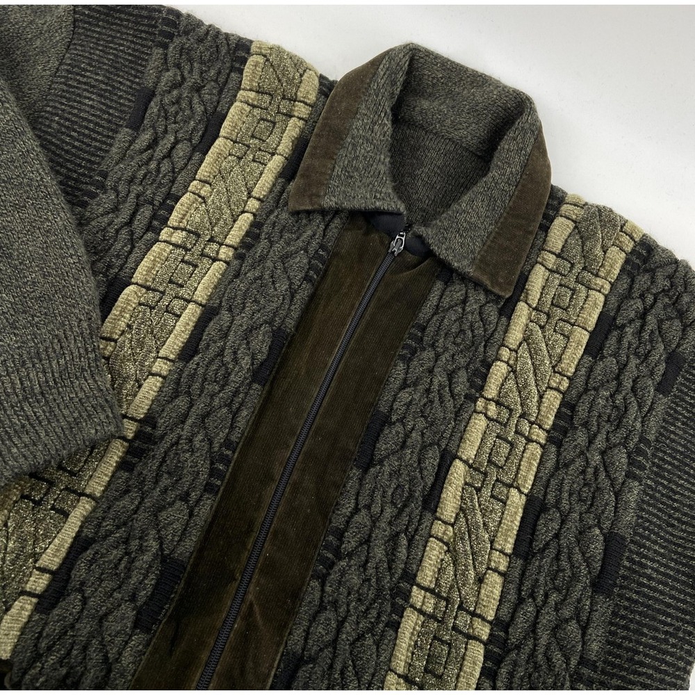 3D Knit Sweater Mens XL Green Cardigan Zip Corduroy Cosby‎ 80s Vintage